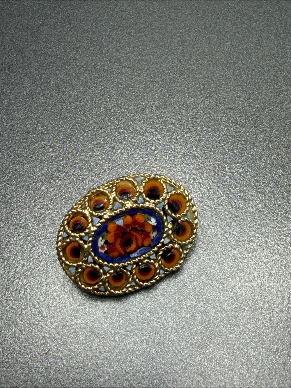 🙈2/$40 Vintage Micro Mosaic brooch Gold and Orange.